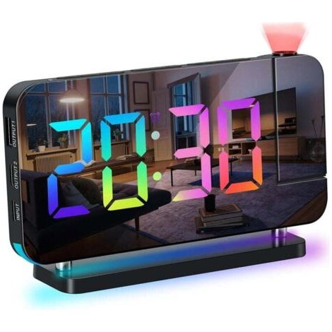 ThreeH Réveil Arc-en-Ciel Numérique Réveil à Projection Grand écran LED Miroir Veilleuse Colorée Double Ports Charge USB Fonction Snooze Dimming Volume Ajustable Noir (1/4)