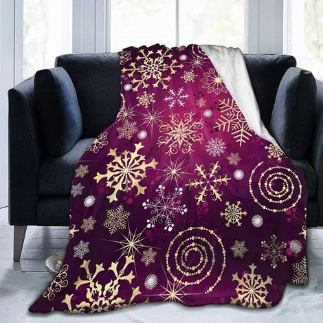 Plaid De Noël - Motif Flocons Dorés Sur Fond Violet - Flanelle Anti-Peluchage - 150 cm x 125 cm - Pour Canapé Lit Ou Décoration Intérieure - 1 Pièce (1/5)