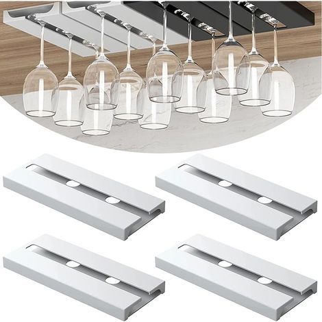 4 Pièces Porte Verre à Vin Suspendu, Support de Verre à Vin Sous Armoire Sans Perçage Porte-Verres à Pied Suspendu Auto-adhésif Accroche-verres Pour étagère Pour Bar Cuisine Restaurant (Blanc) (1/5)