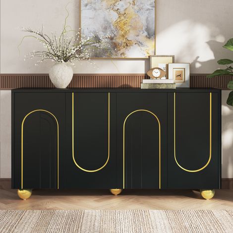 Buffet bas 4 portes 140x40x74 cm en MDF et panneaux de particules avec étagères, noir et doré (1/5)