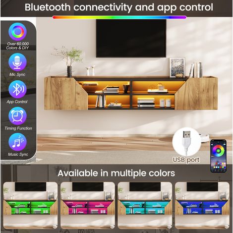 Mobile TV sospeso 180x36,5x40 cm in MDF nero e legno, LED RGB salvaspazio – MEUBLIV (1/5)