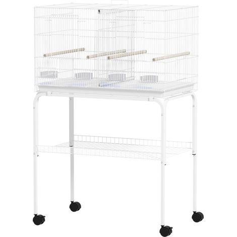 Cage oiseaux avec séparateur mangeoires plateau amovible support canaris perruches 76x46x46/116 cm blanc (1/5)