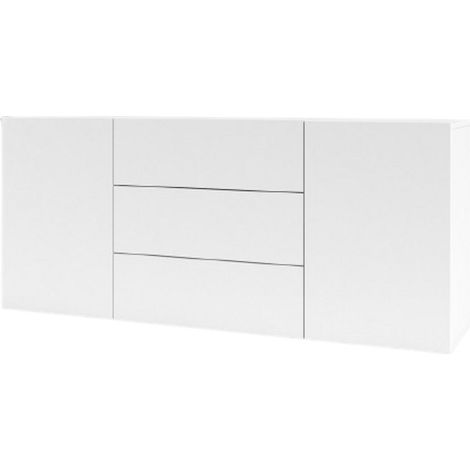 Meublorama – Buffet 140 cm EVA – 2 portes et 3 tiroirs – Blanc et chêne – Panneaux de particules et MDF de première qualité – Montage facile
