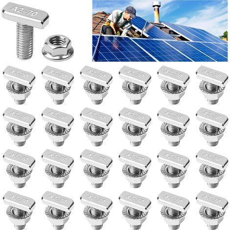 Lot de 25 vis à tête marteau M8 x 20 en acier inoxydable A2-70 avec écrous à bride M8, vis en T, vis M8, vis à tête marteau, vis en T pour rails de montage PV solaires et serre (1/5)