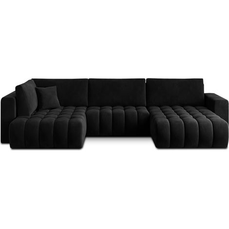 Sofá de esquina BONITA convertible 6 plazas negro efecto terciopelo – derecho – 350x175cm (1/3)