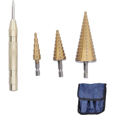 3-teiliges Stufenbohrer-Set, metrisch, professionell, konisch, HSS-Sechskantschaft, 432 mm, mit automatischem Zentrierstempel (Pagodenform)