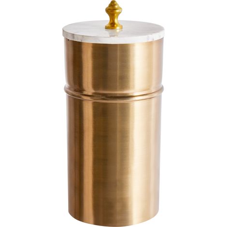 Recipiente decorativo dorado de metal con tapa blanca redondo glamour Almay