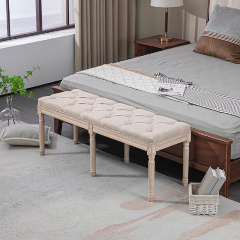 Banc vintage capitonné aspect lin beige avec boutons décoratifs, charge 120kg, style classique confortable pour chambre à coucher (1/3)