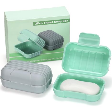 Set di 2 portasapone con coperchio, portasapone da viaggio portatile, portasapone con fondo rialzato, impermeabile e a prova di perdite, ideale per la doccia e per l'uso all'aperto (verde e grigio) (1/5)