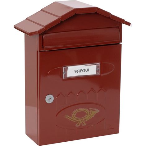 ARREGUI Villa E5002 Briefkasten aus Verzinktem Stahl, Größe M (DIN A4 Post), Wandbriefkasten für den Außenbereich, Postkasten für Draußen mit Namensschild, Einwurfklappe und Schutzdach, dunkelrot