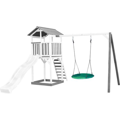 Axi Beach Tower Aire De Jeux Avec Toboggan En Blanc, Balançoire Nid D'Oiseau Vert & Bac À Sable Grande Maison Enfant Extérieur En Gris & Blanc Cabane De Jeu En Bois Fsc