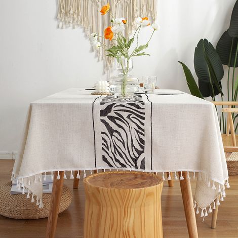 Nappe en tissu coton lin lavable style pompon pour décoration de table à manger, d'extérieur et de jardin (140x180 cm) Noir (1/4)