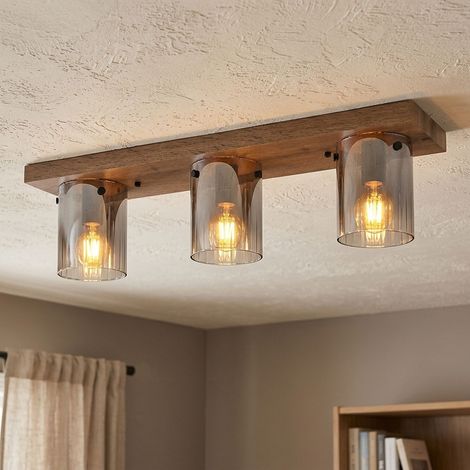Deckenleuchte Deckenlampe Wohnzimmerlampe Holzoptik Glas Rauchfarbe 3-Flammig (1/5)