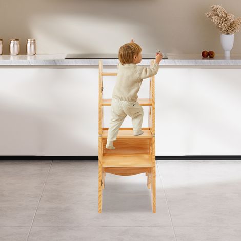 Klappbarer Bibliotheksstuhl, holzfarben, klappbarer 4-stufiger Hocker, 34 x 38,5 x 87 cm, Klappstuhl und Trittleiter (1/5)