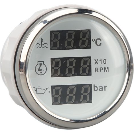 Jauge de température d'eau, compteur de vitesse et manomètre d'huile 52mm 3-en-1 numérique pour camping-car, yacht, bateau de pêche, navire DC 9-32V, cadran blanc, anneau argenté (1/5)