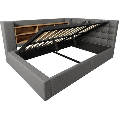 Cama tapizada 140x200 cm con almacenaje hidráulico y LED gris, tejido de lino (1/5)
