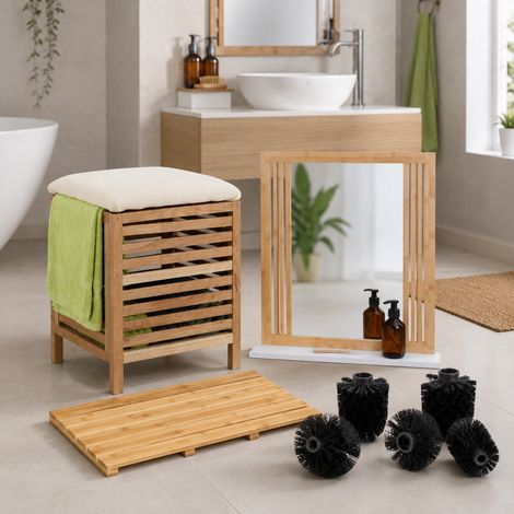 Set da bagno moderno in bambù (4 pezzi) – Specchio con cornice, sgabello in noce, tappetino da bagno e ricambi per spazzole (1/5)