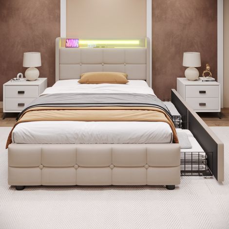 Letto imbottito in tessuto beige 90x200 cm con prese USB, LED e 2 cassetti