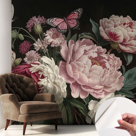 Papier peint adhésif décoratif pour salon chambre et cuisine Facile à poser avec colle Pivoines et papillons 250x250 cm (1/5)