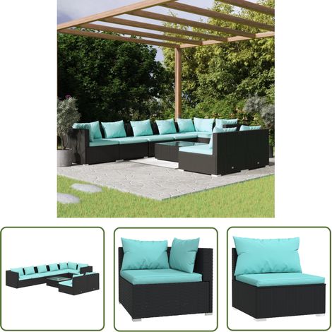 Poly Rattan - vidaXL 9-tlg. Garten-Lounge-Set mit Kissen Schwarz Poly Rattan - Gartenlounge (1/5)