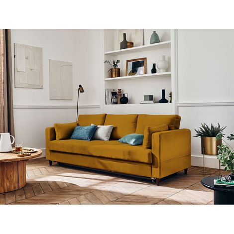 Anna – 3-sitzer sofa – mit schlaffunktion und tasche – aus samt - gelb