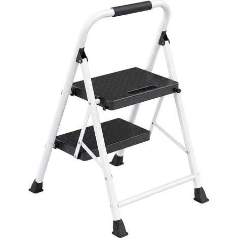 Escabeau Pliant 2 Marches en Acier, Antidérapant, Charge 150 kg, 88 x 45,5 x 7,5 cm, Blanc (1/5)