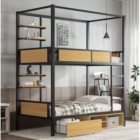 Letto a castello in metallo e MDF nero e naturale 90x200 cm con ripiani laterali e cassetti (1/4)