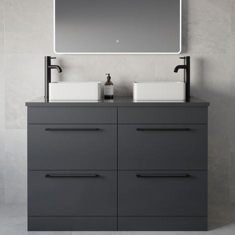 Napoli 460 Gloss Grey 1200mm 4 Drawer Vanity Unit for Countertop Basins - 1200mm - Matt Black 320mm Handle