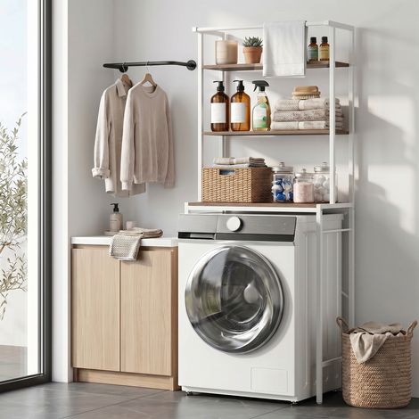 Étagère Machine à Laver 3 Niveaux, Gain de Place, 67x40x161,8 cm, Marron et Blanc (1/5)