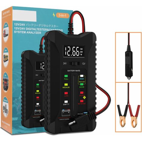 12V/24V Battery Tester, Voltmeter, Charging System Analyzer with LCD and LED Display, 23.6 inch Cable Length (1/5)