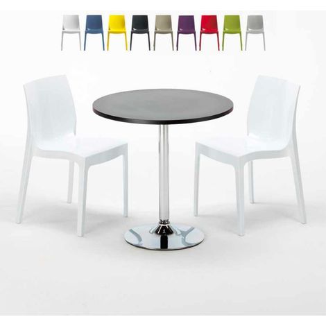 Table Ronde Noire 70x70cm Avec 2 Chaises Colorées Grand Soleil Set Intérieur Bar Café Ice Cosmopolitan - Blanc (1/5)