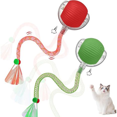 Jouet Chat Interactif,Balle Chat Jeux pour Chat Interieur, Queue Qui Clignote et Bouge Rapidement, l'instinct de Chasseur du Chat/Chien (Green+Red) (1/5)