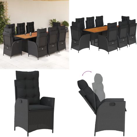9-tlg. Garten-Essgruppe mit Kissen Schwarz Poly Rattan - Gartentisch - Gartensessel (1/5)