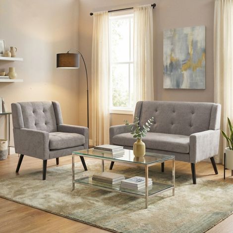 Lot de 2 fauteuils d’appoint en tissu gris clair, capitonnage et pieds en bois massif,68x76x88 cm (1/5)