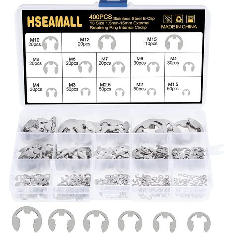 Kit assortimento di anelli elastici esterni con clip elastica in acciaio inossidabile da 400 pezzi, 13 misure, 1,5/2/2,5/3/4/5/6/7/8/9/10/12/15 mm, con scatola di plastica