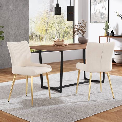 Lot de 2 chaises de salle à manger en velours, fauteuil luxueux avec pieds métalliques dorés, support lombaire, beige, pour salon et chambre (1/5)