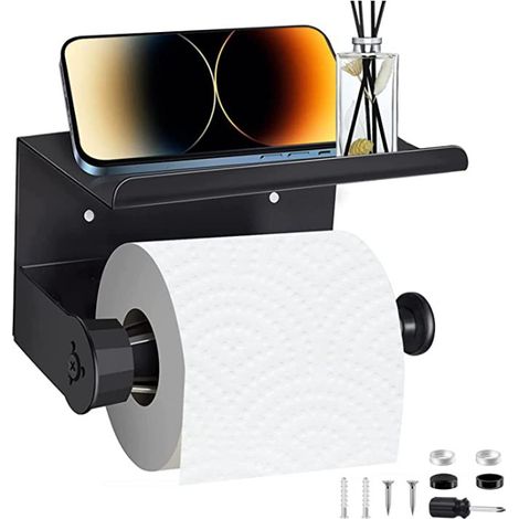 Toilettenpapierhalter zur Wandmontage mit Ablage, selbstklebender Toilettenpapierhalter für Badezimmer, Wandmontage Toilettenpapierhalter ohne Bohren, Mattschwarz