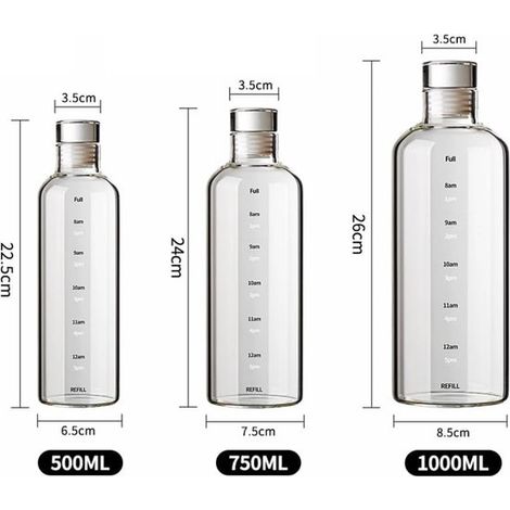 Bottiglia d'acqua in vetro, 1000 ml / 750 ml / 500 ml, 3 pezzi, bottiglia d'acqua con indicatore orario in vetro, bottiglia in vetro riutilizzabile con tappo a vite, per vino, bevande, liquidi - botti