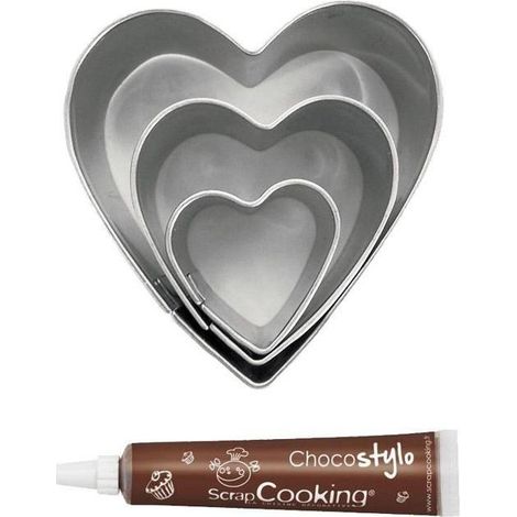 Stylo chocolat + 3 mini emporte-pièces inox Coeurs