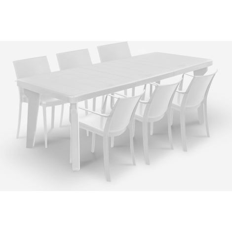 Bica – Ensemble table extensible 160-220cm et 6 chaises empilables en polypropylène – Résistant aux intempéries et UV – Design moderne pour jardin et terrasse
