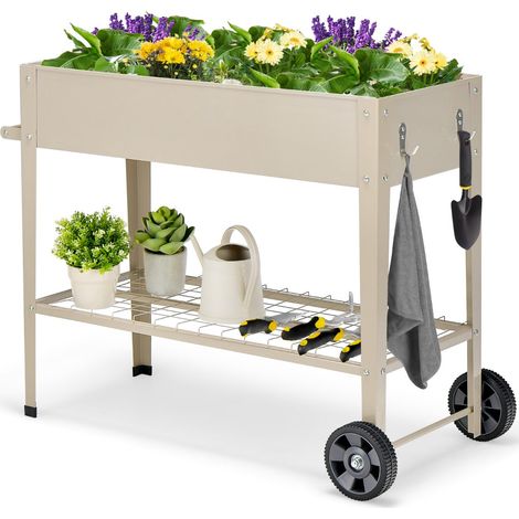 Jardinera metálica elevada con ruedas y estante 95 x 40 x 80 cm práctica para jardinería color blanco 200020831