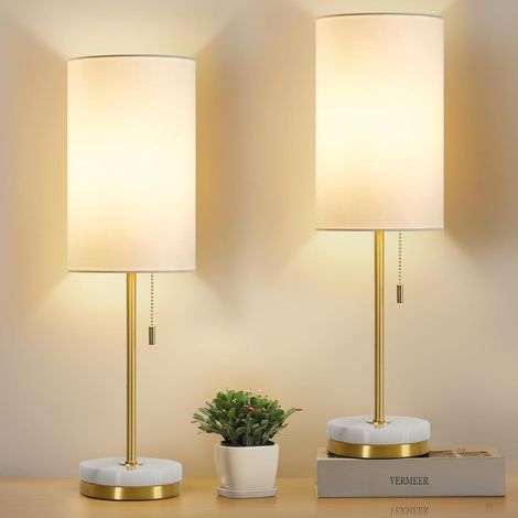 Set of 2 Modern Table Lamps Minimalist Bedside Lamp with Chain, Marble Base and Gold Finish for Bedroom/Living Room/Office (1/5)