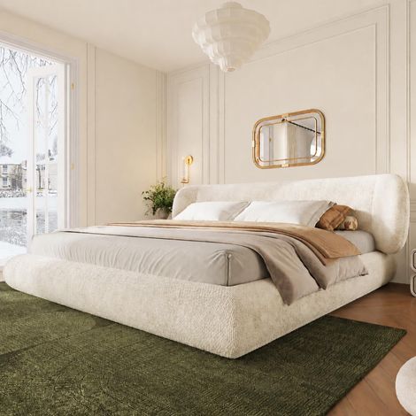 Lit Double 180x200 avec sommier à Lattes et tête de lit,Lit d'adolescent avec Coins arrondis et Mousse hautement élastique, Cadre en Bois Chenille Beige(sans Matelas) (1/5)