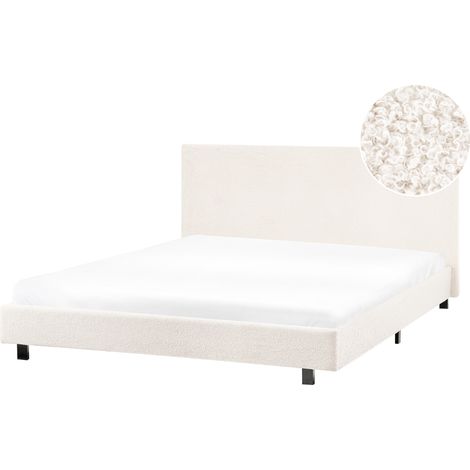 Cama moderna de bouclé 140 x 200 cm con somier y cabecero blanco crema Albi