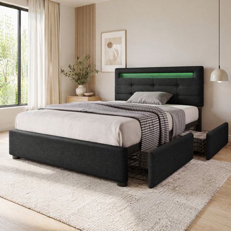 Letto contenitore 90x200 cm con LED, 2 cassetti e materasso a molle, nero DESVIAE (1/4)