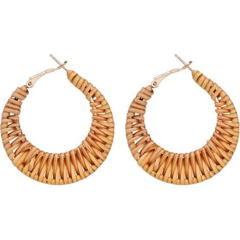 Handwoven rattan bohemian hoop earrings, pretty rattan beach earrings, lightweight dangling hoops, bohemian woven jewelry for women, travel essentials (1/5)
