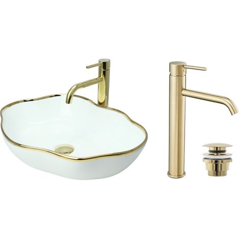 GTM Design Aufsatzwaschbecken 50 cm Glanz Set mit Waschtischbatterie und Stopfen - Aufsatzwaschbecken Oval für Badezimmer - Modern Waschbecken ohne Hahnloch - Waschbecken mit Armature (1/5)
