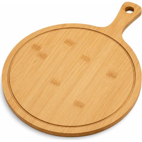 1 assiette à pizza en bois de 33 cm - Planche à pizza ronde en bois avec poignée - Planche de service pour tarte flambée, fromage, gâteau, pain (1/3)