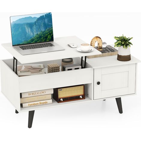 COSTWAY Lift Top Coffee Table Flip Top Center Table w/Hidden Compartment-White (1/5)