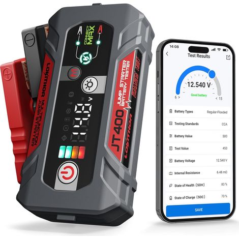 JT400 Booster de Batterie 12V 2500A, Testeur de Batterie, Power Bank, 3-en-1, Démarreur Batterie Portable pour Moteurs Jusqu’à 8.5L Essence et 6.5L Diesel, Testeur de Batterie 100–2000 CCA (1/5)
